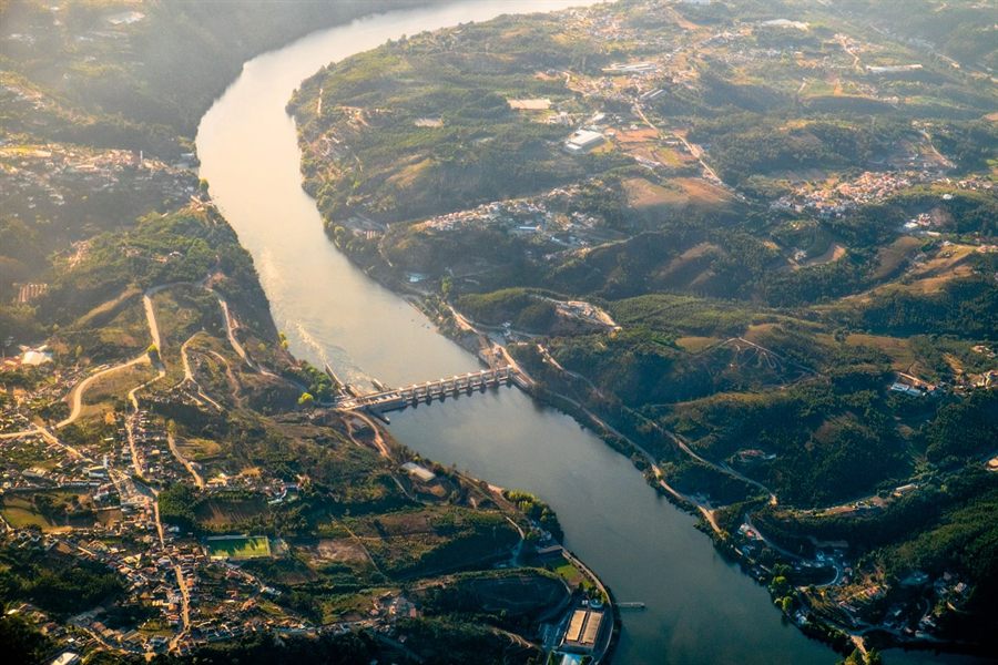 Aerial view of the Crestuma dam and lock on the Douro River, Portugal